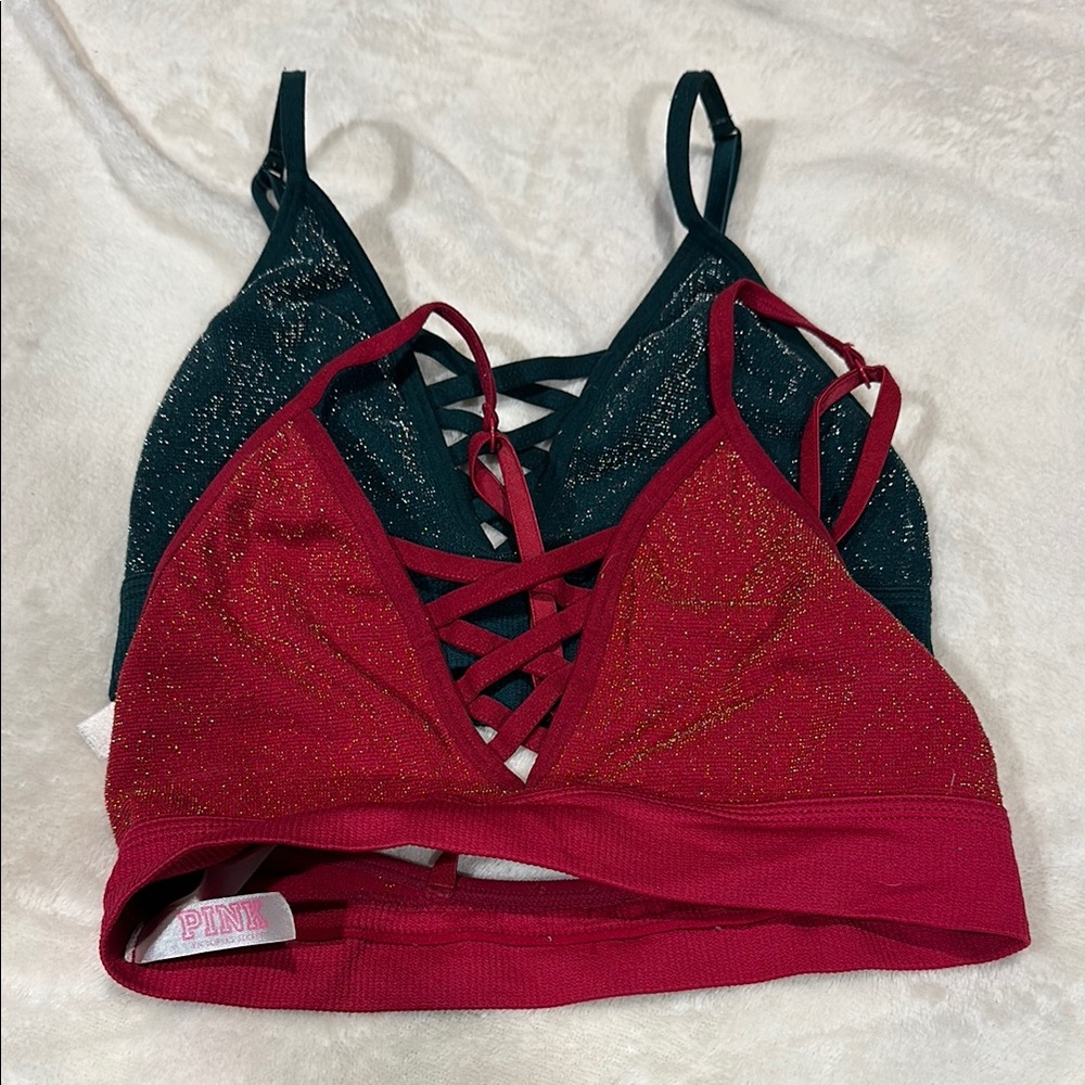 PINK Victoria's Secret Glitter Bralette Set - Red and Green